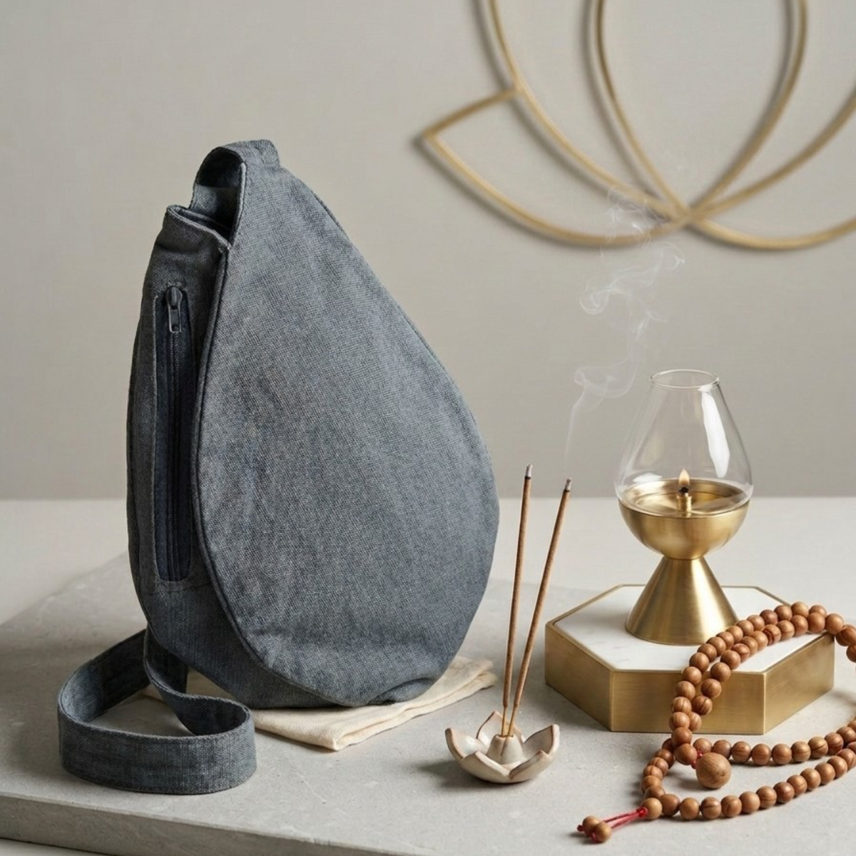Jap Mala Bag (Jholi) Gomukhi Dark Grey Cotton With 2 Zip Pockets